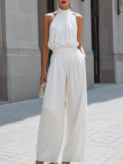Flowing Halter Neck Layered Top And Wide-Leg Trousers Set
