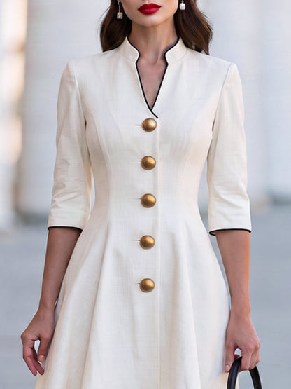 Contrast-Hem Button-Front A-Line Midi Dress