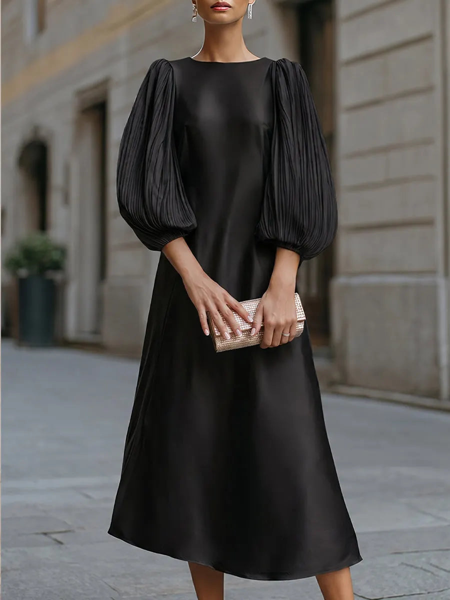 Minimalist Crew Neck A-Line Satin Midi Dress Pleated Puff Lantern Sleeves