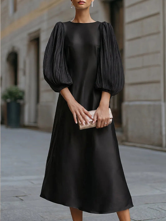 Minimalist Crew Neck A-Line Satin Midi Dress Pleated Puff Lantern Sleeves