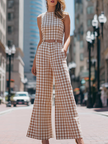 Beige Gingham Sleeveless Wide-Leg Jumpsuit
