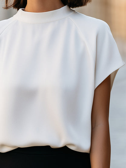 Minimalist High-Neck Cap Sleeve Blouse With Relaxed Blouson Hem