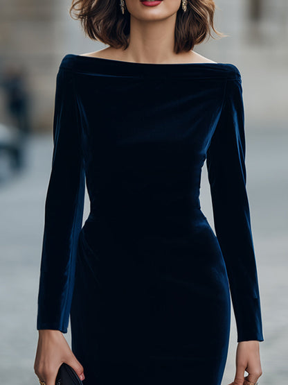 Boat-Neck Velvet Bodycon Midi Dress