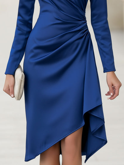Gathered Waist Satin Asymmetric Draped Midi Dress