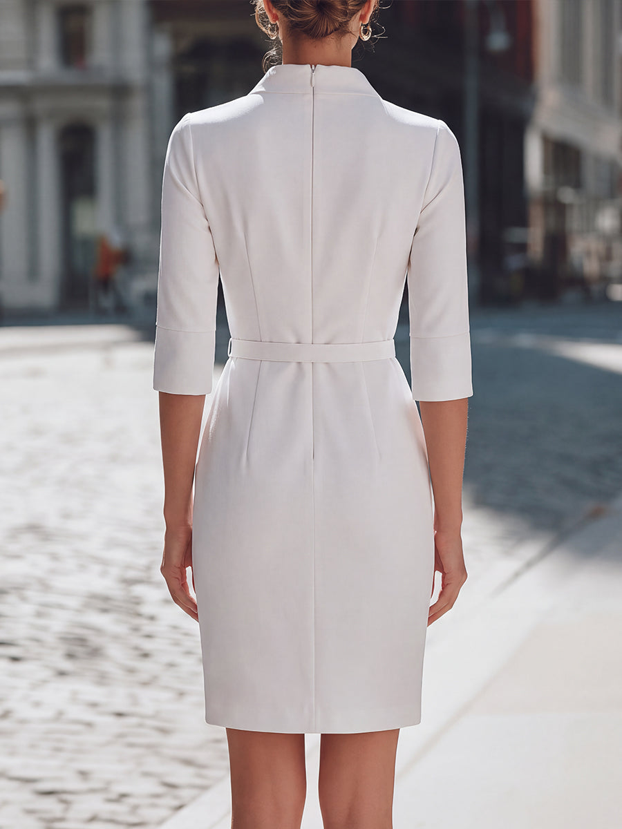 V-Neck Belted Tailored Sheath Dress