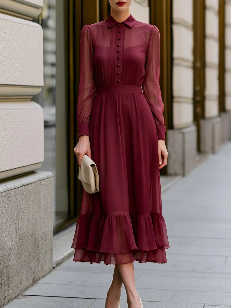 Button-Front Chiffon Layered Ruffle Midi Dress