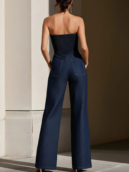 Dark Denim Strapless Wide-Leg Jumpsuit