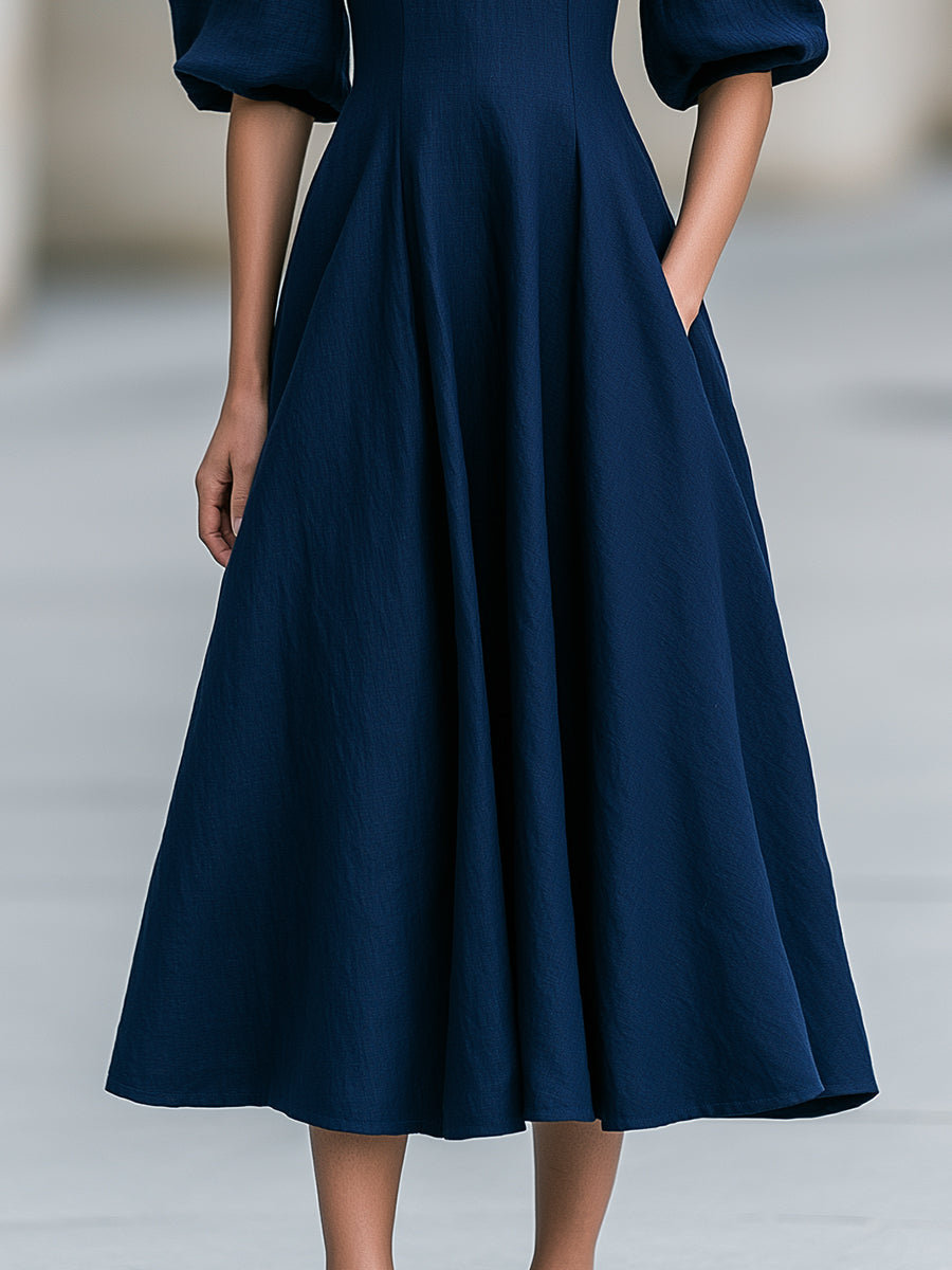 Sweetheart V-Neck Puff Sleeve Midi Swing Dress