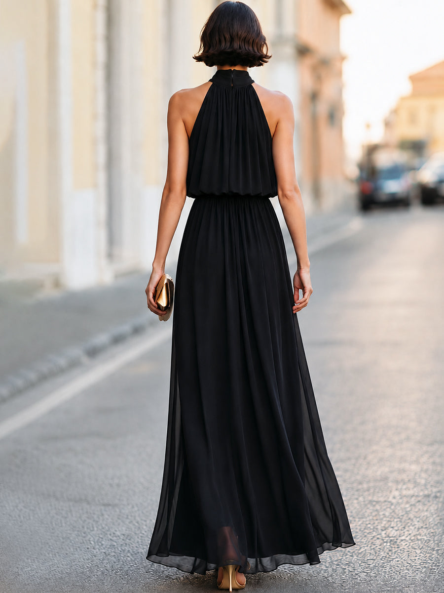 Draped Halter Neck Chiffon Maxi Evening Dress