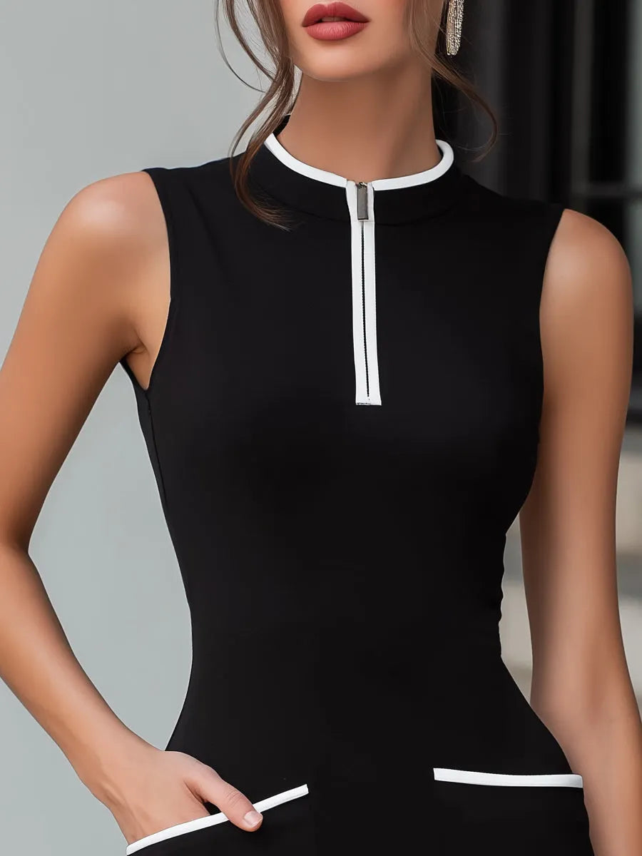 Half-Zip Mock Neckline Contrast Trim Midi Dress