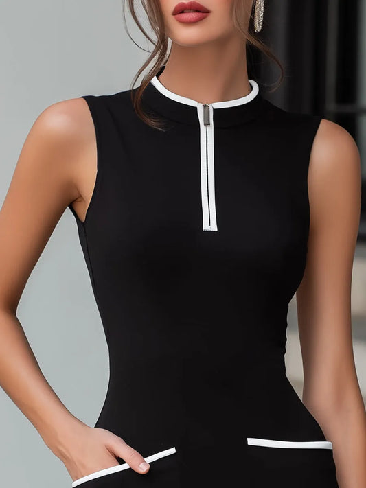 Half-Zip Mock Neckline Contrast Trim Midi Dress