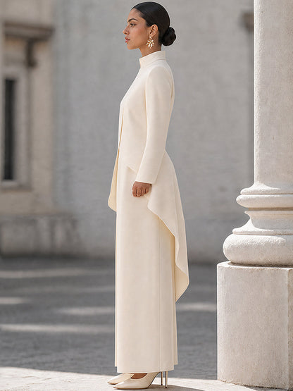Elegant Ivory High Neck Tailored Longline Coat Set