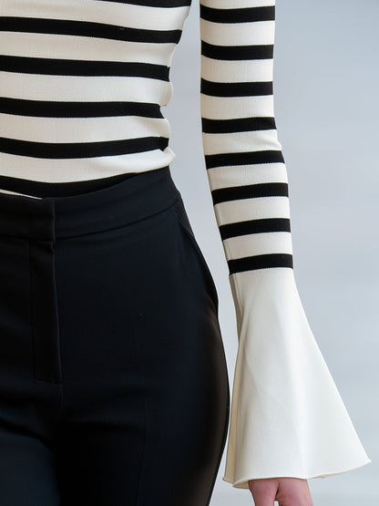 Striped Mock-Neck Flared-Cuff Knit Top