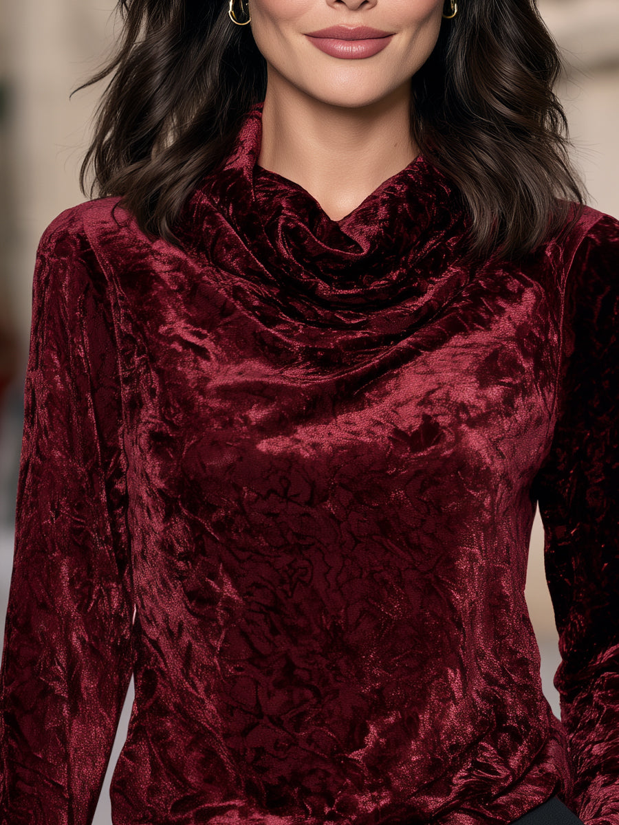 Elegant Velvet Cowl Neck Long Sleeve Blouse
