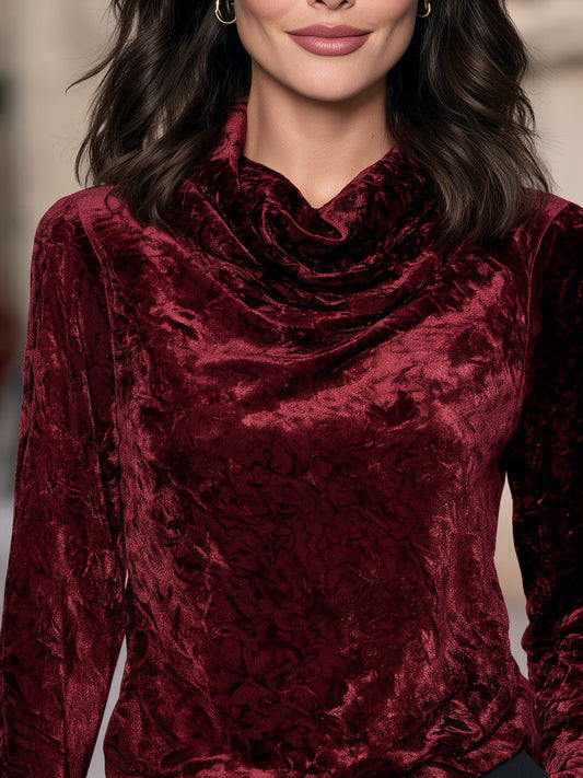 Elegant Velvet Cowl Neck Long Sleeve Blouse
