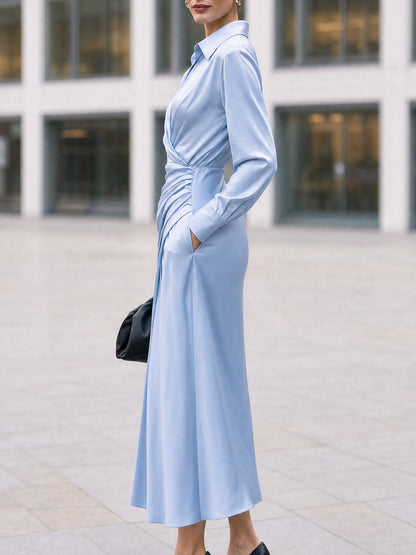 Satin Wrap Midi Dress with Collar and Long Sleeves