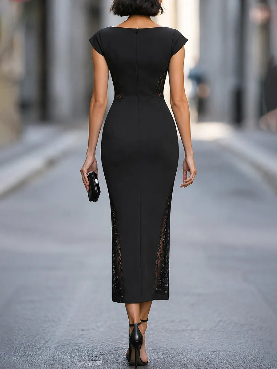 Lace Panel Cap Sleeve Column Midi Dress