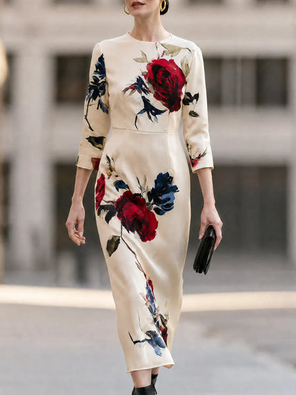 Floral Print Round Neck 3/4 Sleeve Bodycon Midi Dress