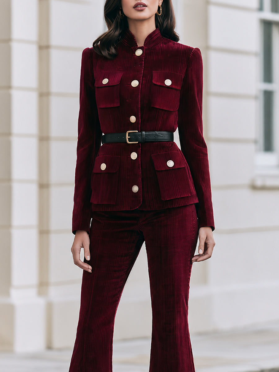 Corduroy Stand Collar Cargo Pocket Belted Jacket & Flare Pants Co-Ord Set