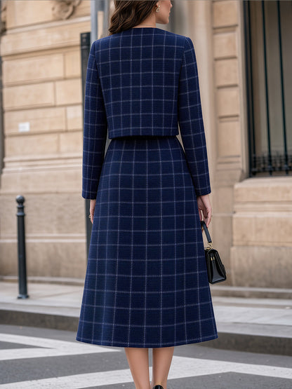 Plaid Tweed Crop Jacket & Midi Skirt Tailored Set