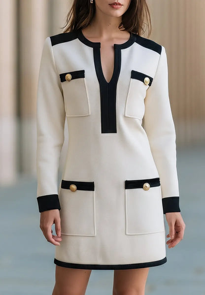 Contrast-Trim Pocket Long-Sleeve Mini Dress