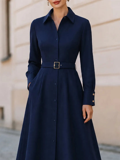 Belted  Midi A-Line Shirt Dress, Business Work & Smart Church Outfit