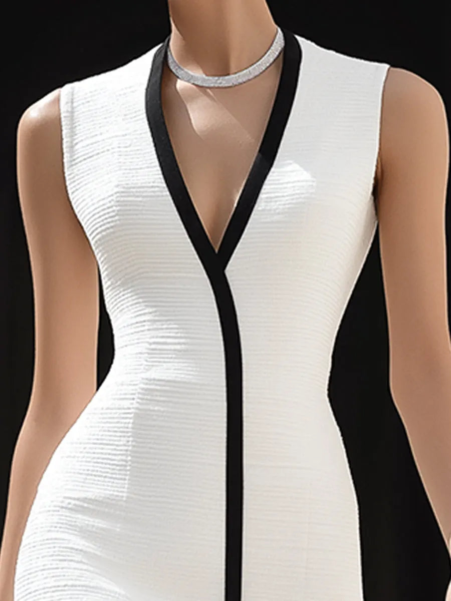 Contrast Trim V-Neck Bodycon Midi Dress