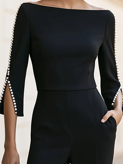 Pearl Trim Sleeve Boat NeckTailored Flare Pants  Jumpsuit