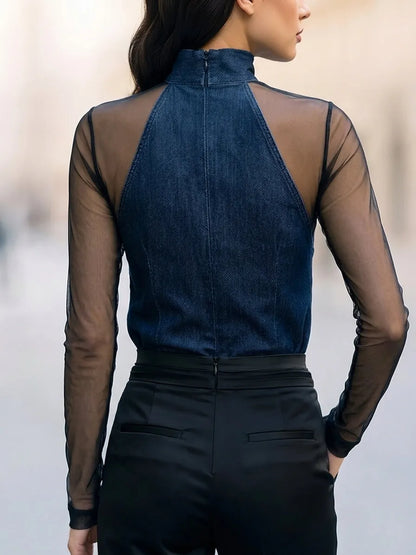 Sheer Mesh Sleeve Velvet Mock Neck Blouse