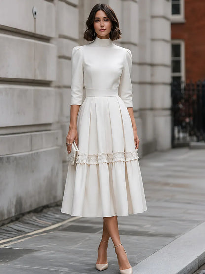 High-Neck Ruffle-Trim Pleated Midi Dress