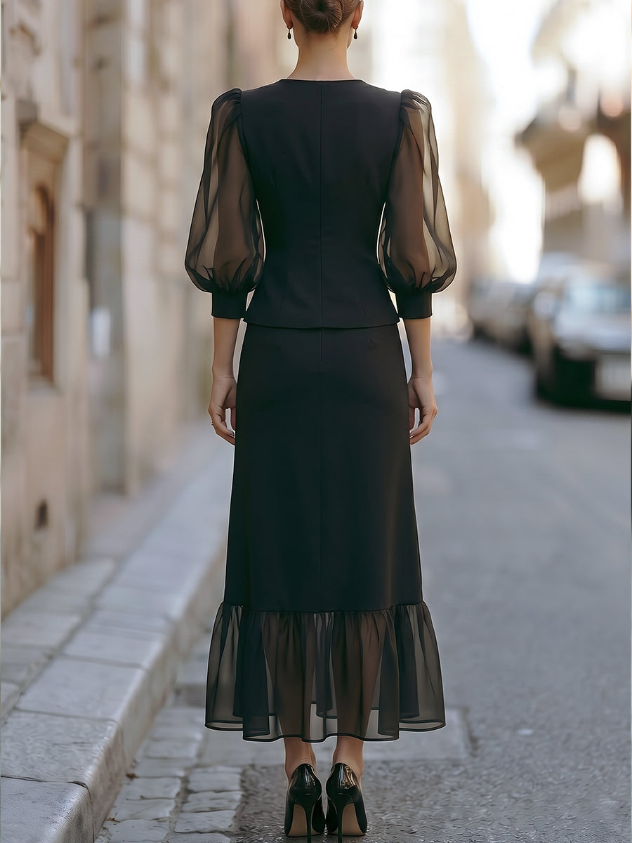 Sheer Puff Sleeve Button-Front Corset Top & Slim Midi Skirt Set
