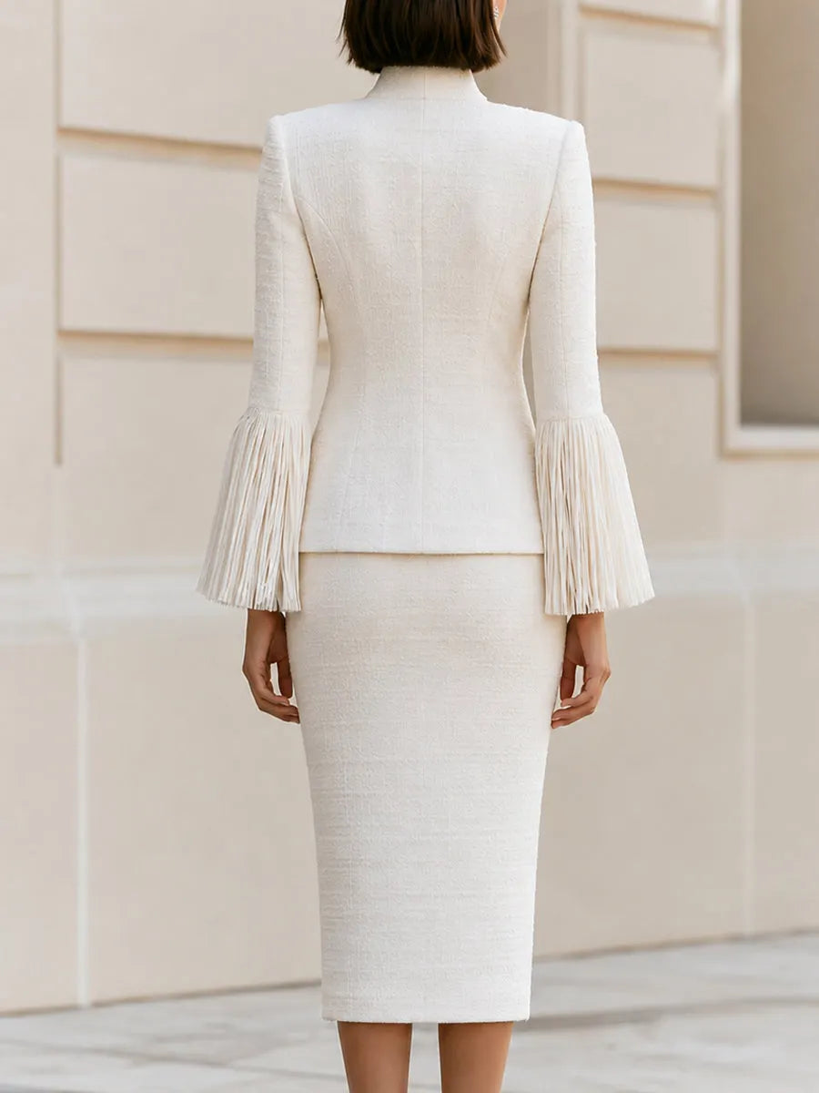 Tweed Fringe Sleeve Co-Ord Skirt Suit, Stand Collar Two Piece Formal Set