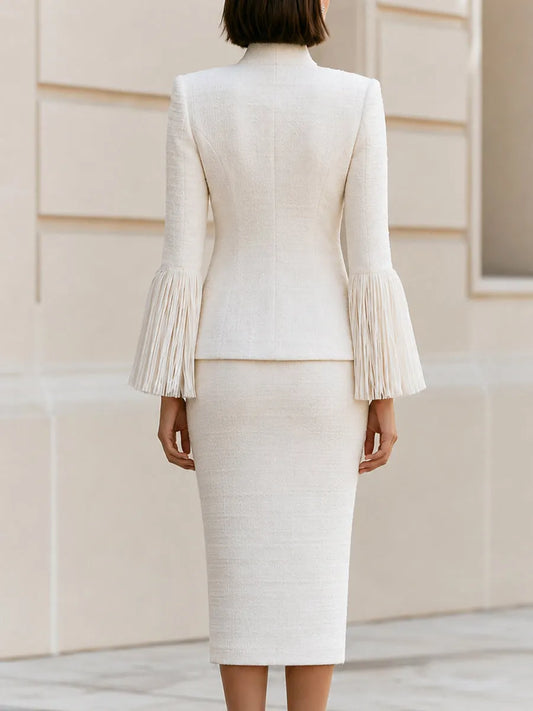 Tweed Fringe Sleeve Co-Ord Skirt Suit, Stand Collar Two Piece Formal Set