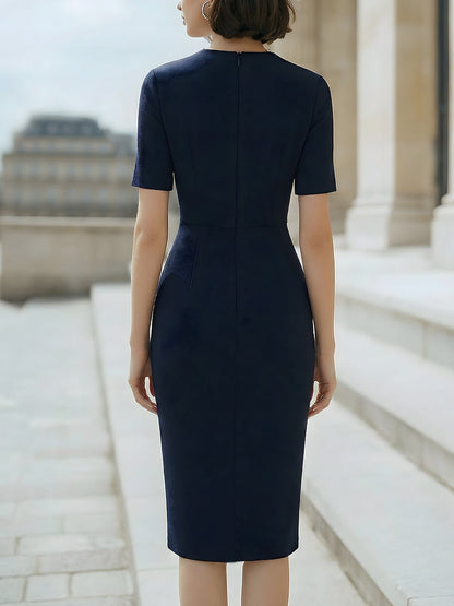 Elegant Pearl Neckline Button Detail Bodycon Midi Sheath Dress