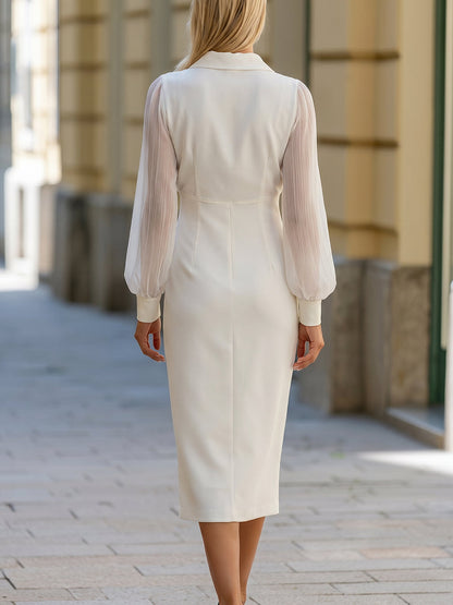 Sheer Sleeve Button-Front Sheath Midi Dress