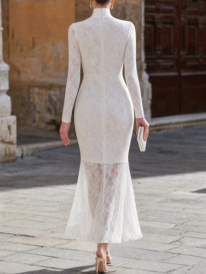 High-Neck Floral Lace Mermaid Long Dress