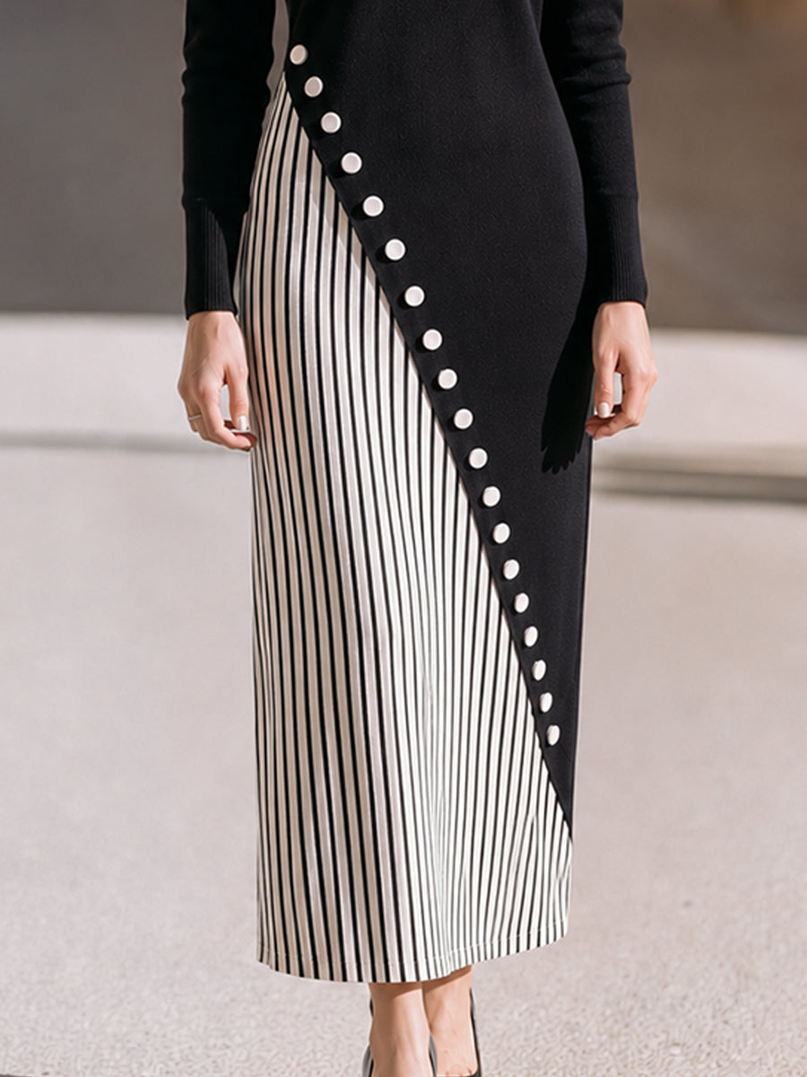 Asymmetric Button-Trim Turtleneck Maxi Dress