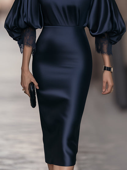 High-Neck Satin Puff Sleeves Lace Cuffs Midi Dress