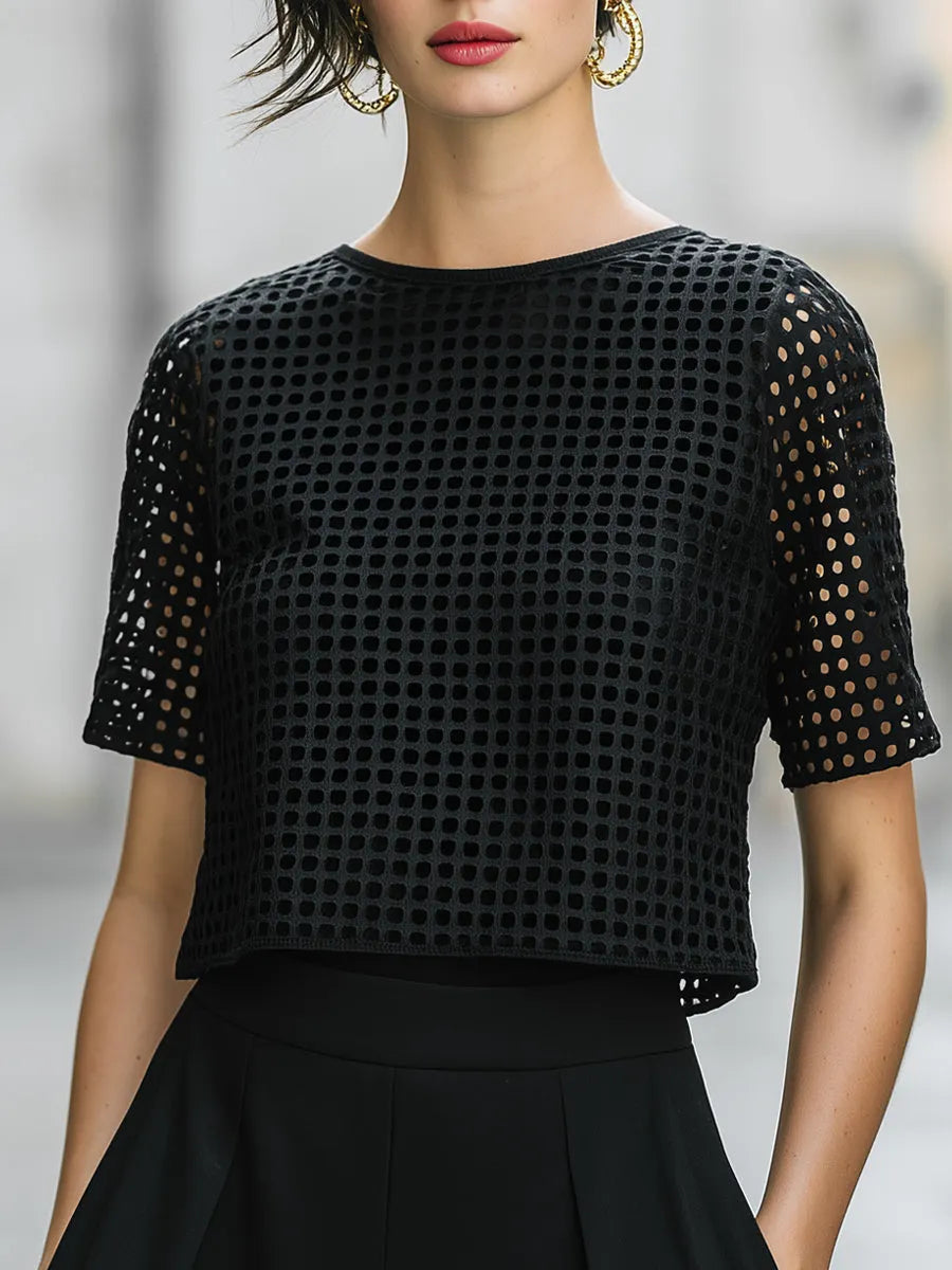 Black Short-Sleeve Textured Grid Crop Top