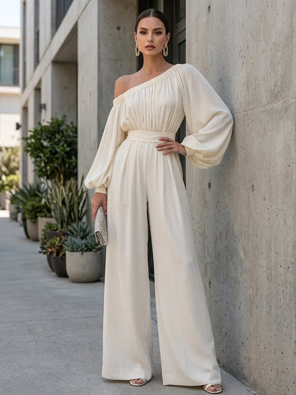 Off-Shoulder Cotton Blend Wide-Leg Jumpsuit