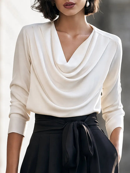 Draped Cowl-Neck Long-Sleeve Blouse