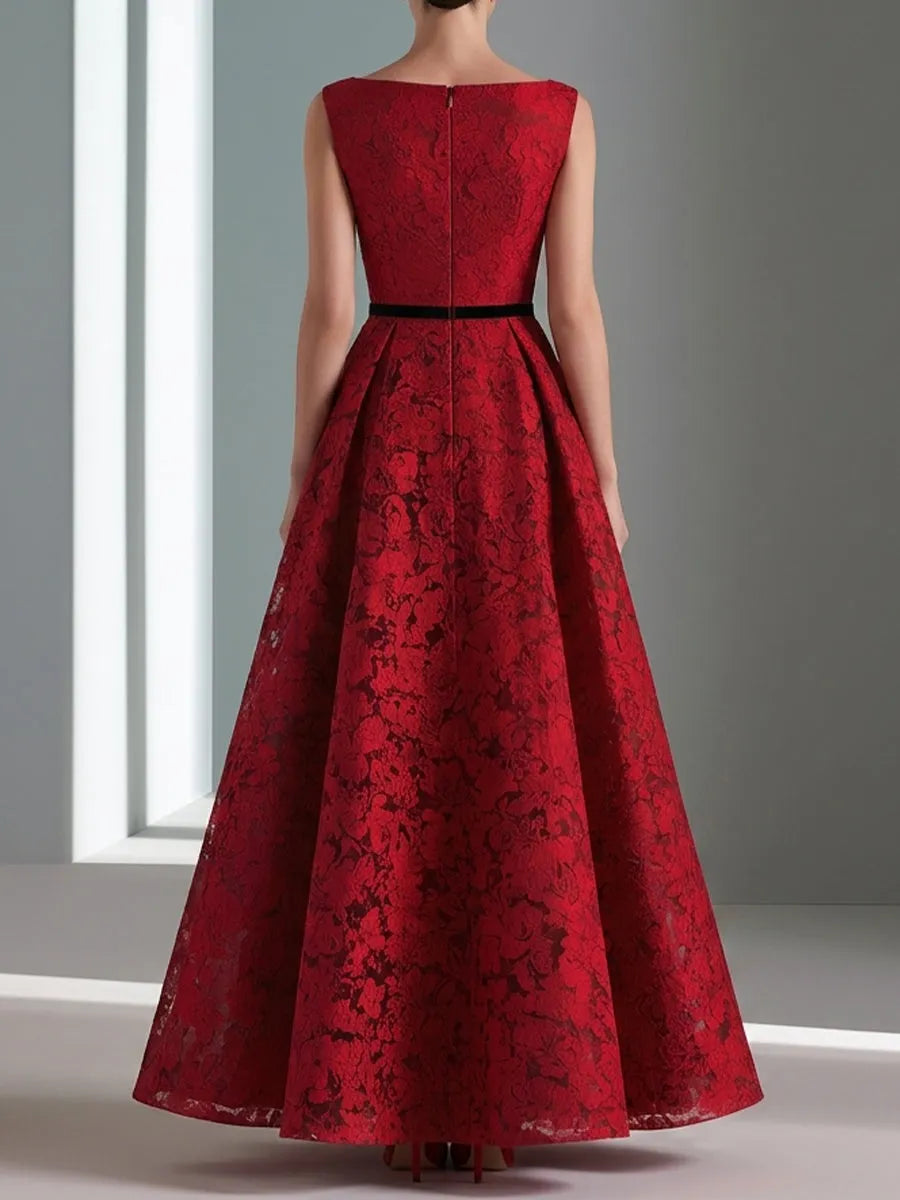 Contrast Waist Floral Lace A-Line Evening Gown