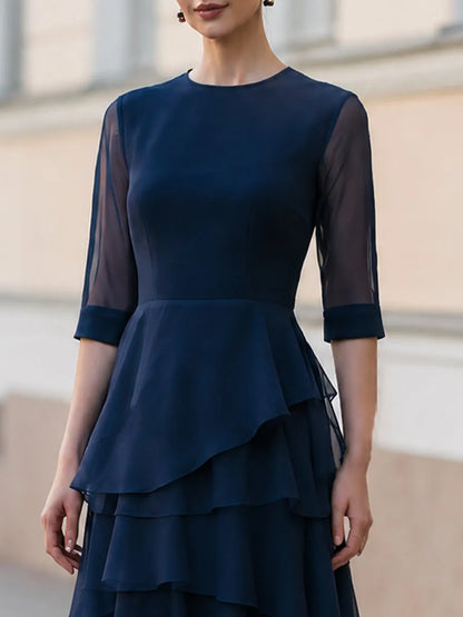 Sheer 3/4 Sleeve Tiered Chiffon Midi Dress, Wedding Guest & Cocktail Party Dress