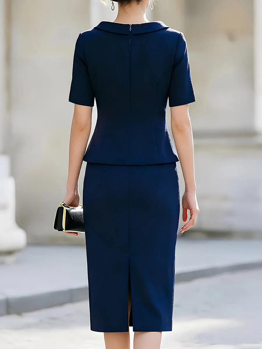Navy Fold Collar Split Cuff Peplum Top & Pencil Midi Skirt Two-Piece Suit Set