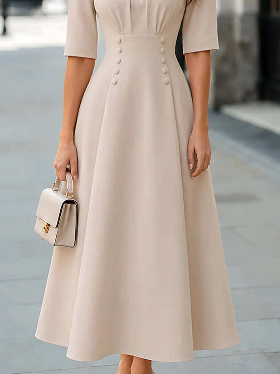 High-Neck Button-Detail A-Line Maxi Dress