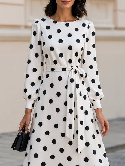Polka Dot Round Neck Balloon Sleeve Belted A-Line Midi Dress
