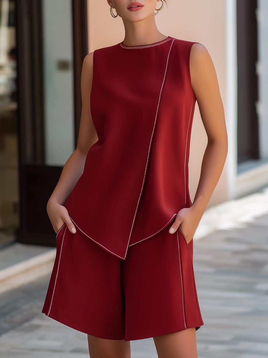 Contrast Piping Sleeveless Asymmetrical Top And Shorts Set