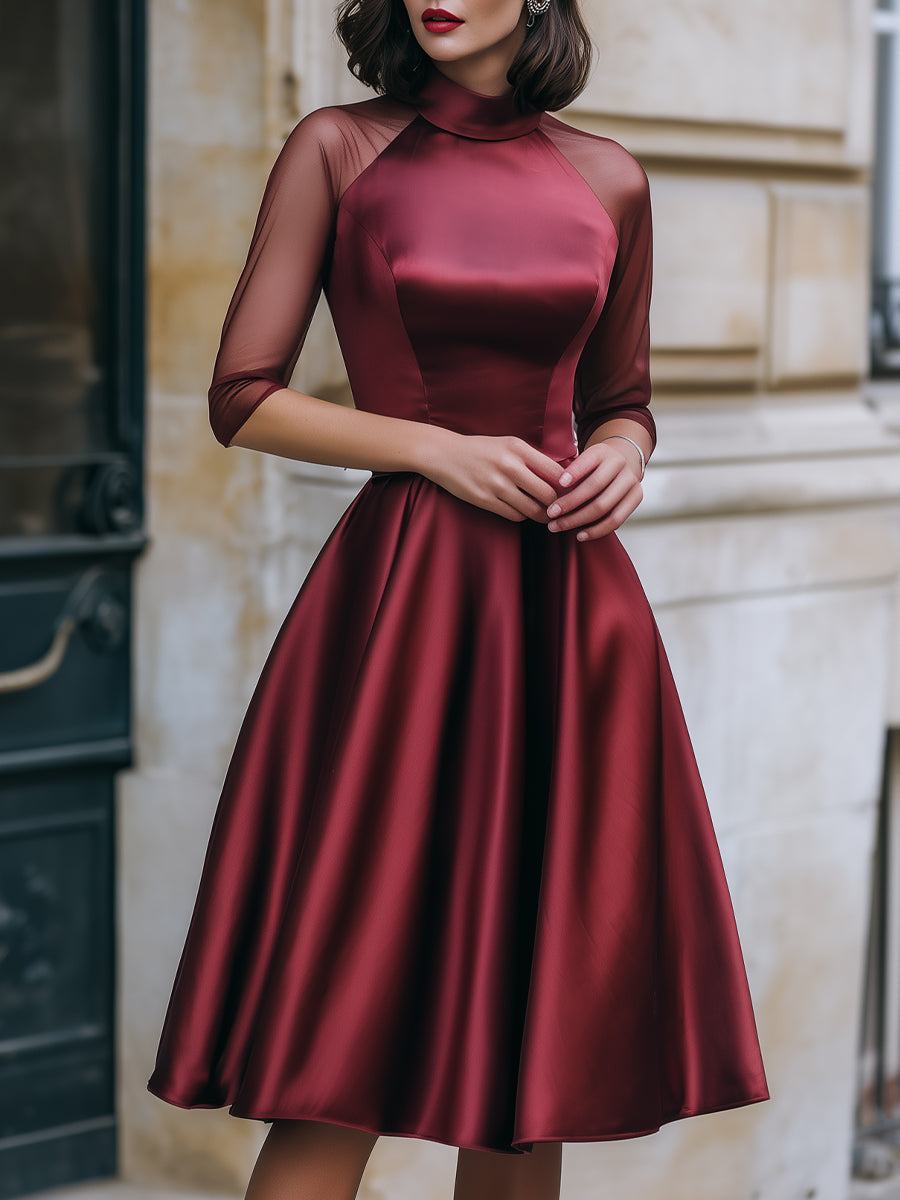Sheer Mesh Sleeve Satin A-Line Cocktail Dress