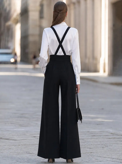 Black Suspender Wide Leg Trousers With White Blouse Set