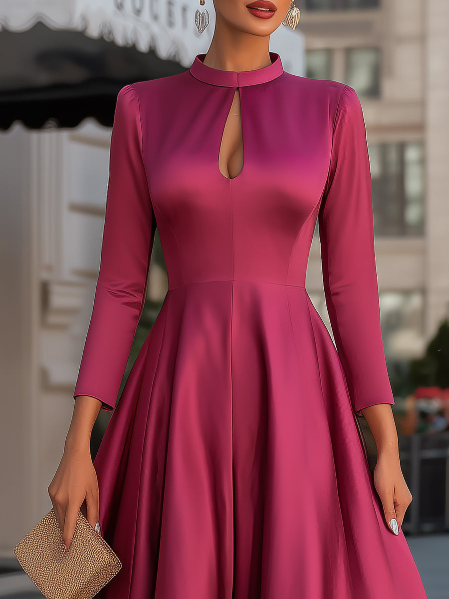 Satin Keyhole Neck Full A-Line Midi Dress